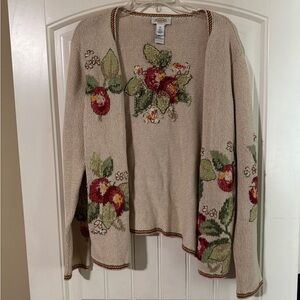 Talbots Cream Open-Front Cardigan with Red & Green Floral Embroidery